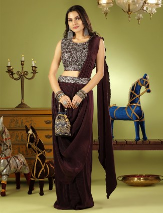 Brown wedding wear ready to wear saree with ready made blouse