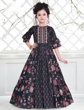 Charcoal grey designer party wear cotton silk gown for girls