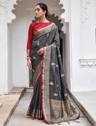 Charcoal grey latest designer wedding events banarasi silk saree