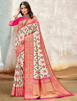 Charming cream saree in patola silk for wedding occasions
