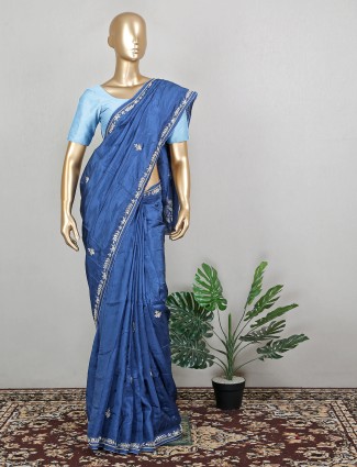 Charming ink blue wedding look silk saree for women