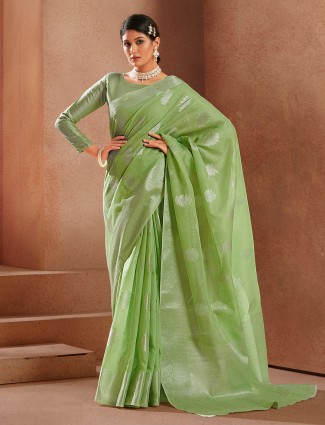 Charming Pistachio green festive and mahendi occasions linen saree