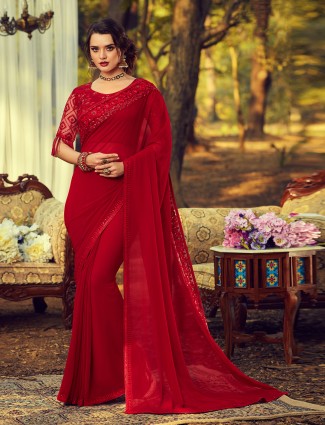 Charming red festive and party season georgette saree