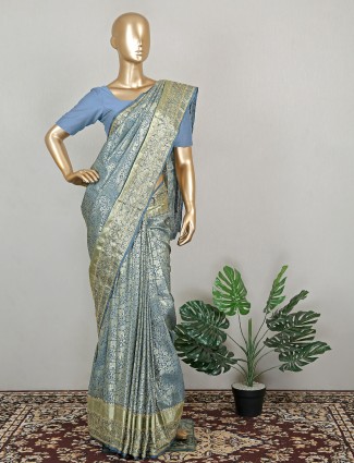 Charming stone blue wedding season silk saree