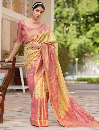 Charming yellow and pink color wedding occasions patola silk saree