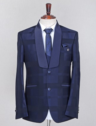 Checks pattern terry rayon dark blue coat suit