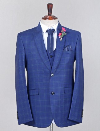 Checks style terry rayon blue hue coat suit for mens