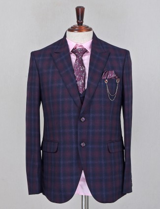 Checks style terry rayon wine hue coat suit for mens