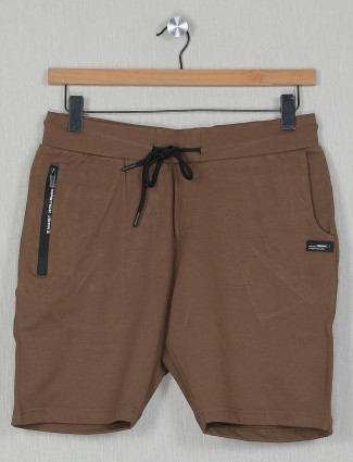 Chopstick brown solid shorts in cotton