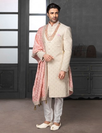 Classic cream silk lakhnavi thread style sherwani set