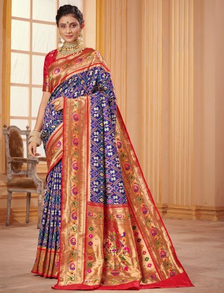 Classy indigo blue patola silk saree for wedding events