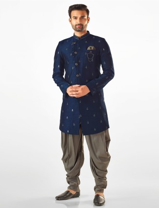 Classy navy hued raw silk semi indo-western set for men