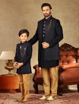 Classy navy raw silk father and son concept indo western