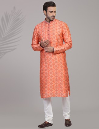 Classy orange bandhej printed silk kurta suit