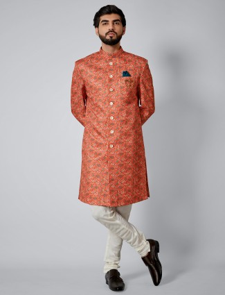 Classy orange terry reayon mens printed indo western