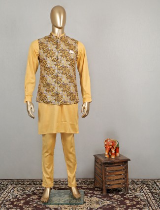 Classy printed yellow rawsilk waist coat set