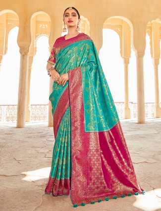 Classy Turquoise green designer kanjivaram silk wedding saree