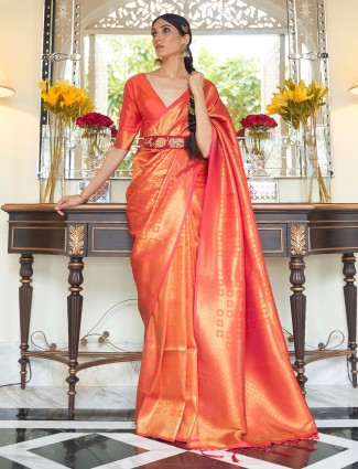 Classy wedding events tangerine orange kanjivaram silk saree