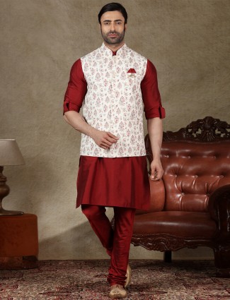 Classy white and maroon cotton waistcoat set for men