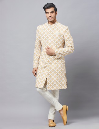 Classy white cotton silk mens indo western
