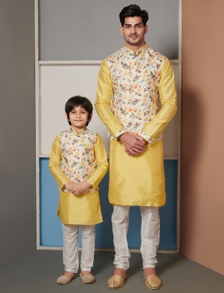 Classy yellow raw silk father-son waistcoat set