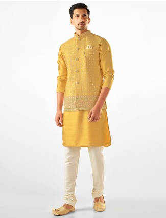 Classy yellow raw silk waistcoat set for men