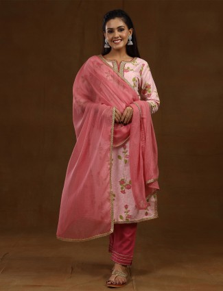 Coral pink cotton festive wear printed punjabi style pant suit