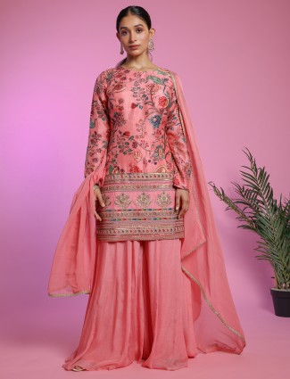 Coral pink floral printed palazzo suit