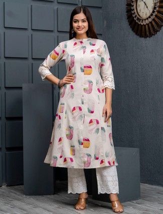Cotton beige and pink printed kurti