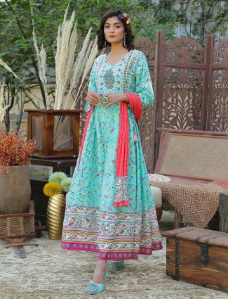 Cotton festive wear anarkali style kurti for women in aqua