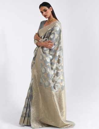 Cotton linen grey festive ceremonies saree