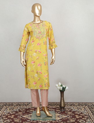 Cotton mustard yellow designer punjabi style festive pant set