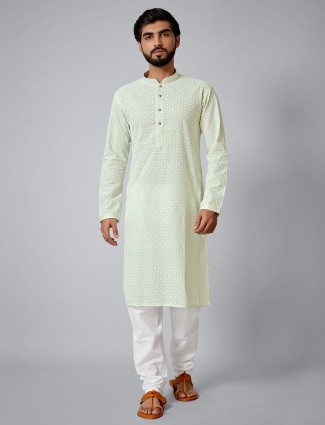 Cotton pista green festive wear kurta set