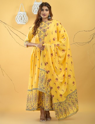 Cotton printed festive ceremonies kurti in sunshine yellow