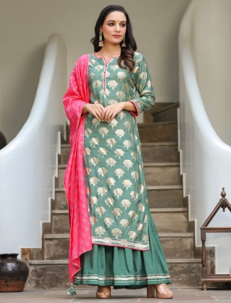 Cotton sage green designer punjabi style festive sharara set