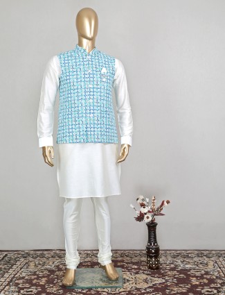 Cotton silk aqua hued waistcoat set for mens