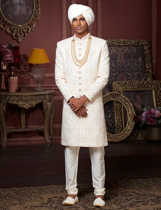 Cotton silk cream hued sherwani for wedding event