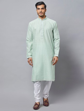 Cotton silk festive wear pista green kurta suit for mens