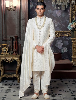 Cotton silk off white wedding wear sherwani