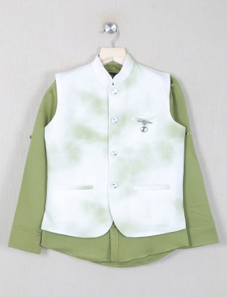 Cotton silk waistcoat with kurta in olive green hued
