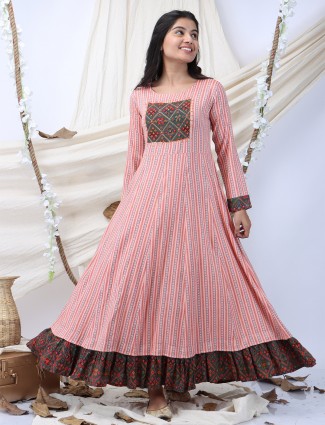 Cotton stripe and printed casual wear kurti in pink