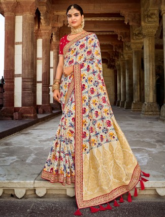 Cream amazing wedding ceremonies sari in patola silk
