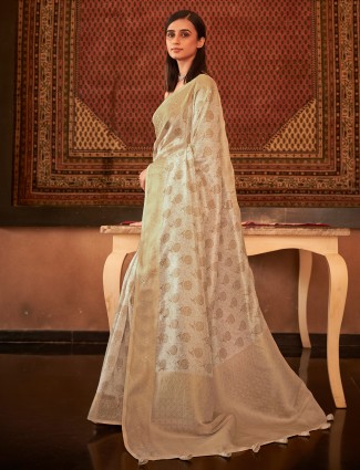 Cream beautiful pashmina silk wedding saree