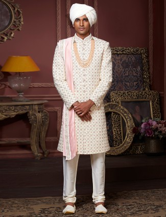 Cream color cotton silk wedding wear sherwani