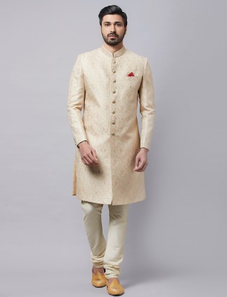 Cream color silk indo western for men with thread work
