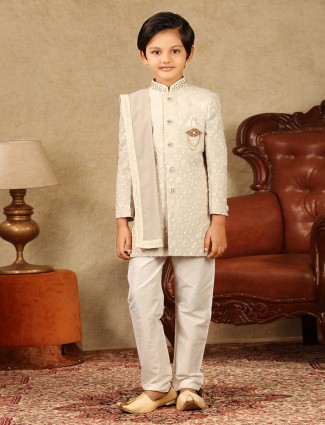 Cream georgette fabric boys sherwani for wedding occasions