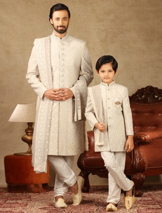 Cream georgette fabric sherwani for father and son
