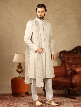 Cream georgette fabric sherwani for wedding occasions