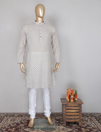 Cream hue printed cotton kurta suit for festivals