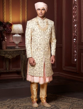 Cream hued cotton silk wedding wear men sherwani